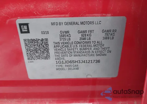 2018 Chevrolet Sonic Lt Auto z USA, uszkodzony, nr VIN 1G1JD6SH3J4121736